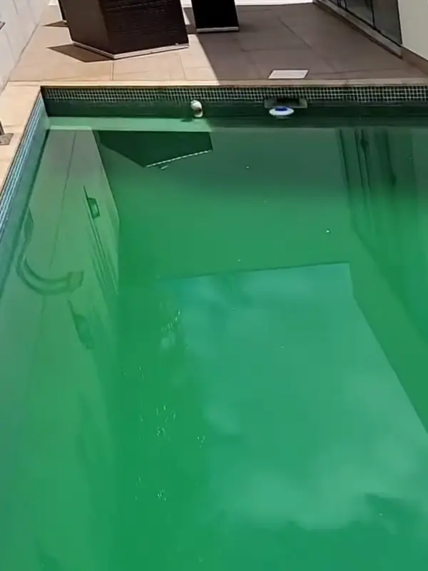 Antes: piscina com água verde e turva, sem ver o fundo