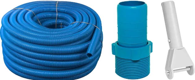 Rolo de mangueira azul, adaptador de rosca e engate de cabo