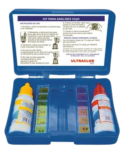 Estojo azul do kit de teste de pH e cloro Ultraclor com dois reagentes